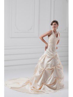 Satin Halter Sweep Train A-line Embroidered Wedding Dress