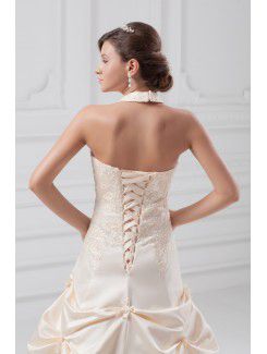 Satin Halter Sweep Train A-line Embroidered Wedding Dress