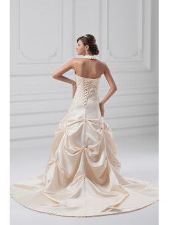 Satin Halter Sweep Train A-line Embroidered Wedding Dress