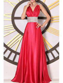 Satin V-neck Floor Length Corset Prom Dress with Sequins