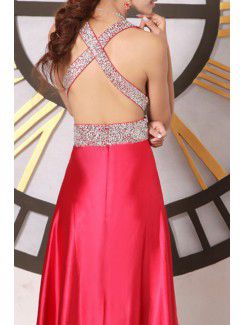 Satin V-neck Floor Length Corset Prom Dress with Sequins