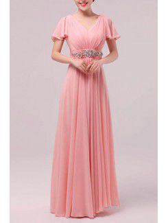 Chiffon V-neck Floor Length Empire Prom Dress with Crystal