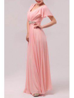 Chiffon V-neck Floor Length Empire Prom Dress with Crystal