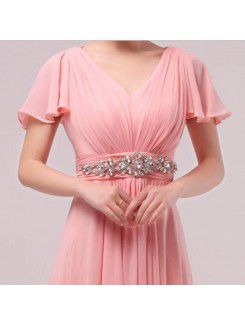 Chiffon V-neck Floor Length Empire Prom Dress with Crystal