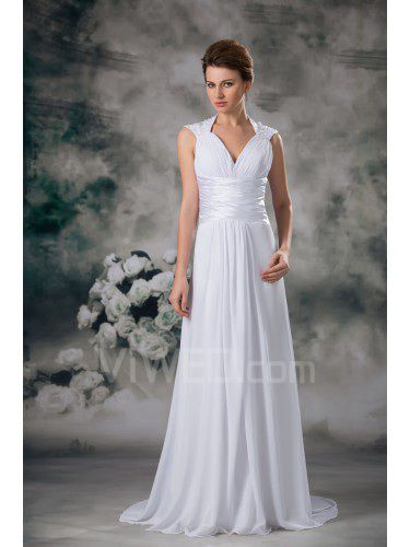 Chiffon V-Neck Sweep Train Column Wedding Dress