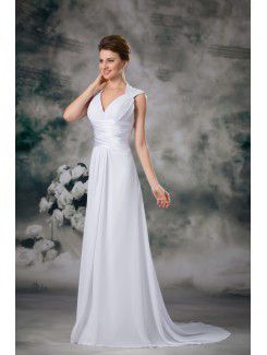 Chiffon V-Neck Sweep Train Column Wedding Dress