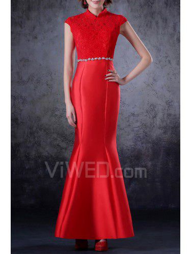 Satin High Collar Ankle-Length Mermaid Prom Dress with Crystal