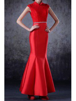 Satin High Collar Ankle-Length Mermaid Prom Dress with Crystal