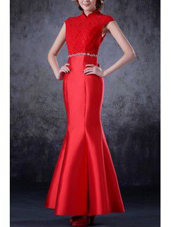 Satin High Collar Ankle-Length Mermaid Prom Dress with Crystal