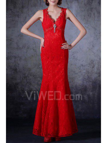 Lace V-neck Floor Length Mermaid Prom Dress with Crystal