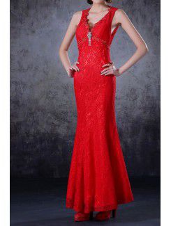 Lace V-neck Floor Length Mermaid Prom Dress with Crystal