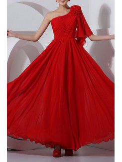 Chiffon One Shoulder Floor Length Column Prom Dress with Handmade Flowers