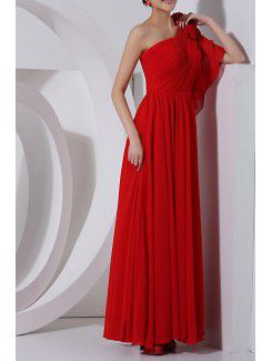 Chiffon One Shoulder Floor Length Column Prom Dress with Handmade Flowers