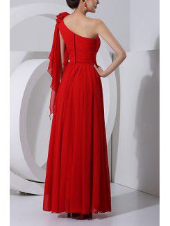 Chiffon One Shoulder Floor Length Column Prom Dress with Handmade Flowers