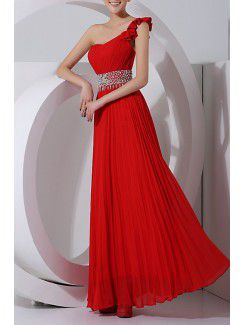 Chiffon One Shoulder Floor Length Corset Prom Dress with Crystal