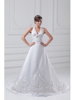 Satin Halter Sweep Train A-line Embroidered Wedding Dress