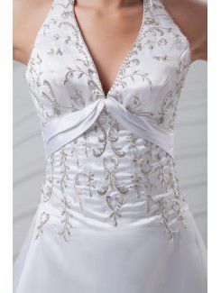 Satin Halter Sweep Train A-line Embroidered Wedding Dress