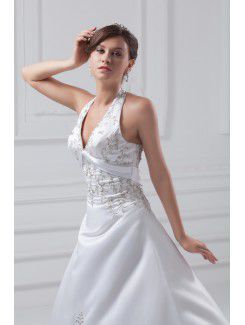 Satin Halter Sweep Train A-line Embroidered Wedding Dress