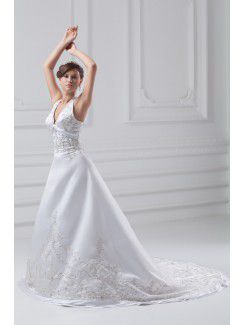 Satin Halter Sweep Train A-line Embroidered Wedding Dress