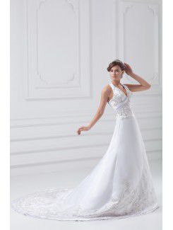 Satin Halter Sweep Train A-line Embroidered Wedding Dress