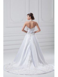 Satin Halter Sweep Train A-line Embroidered Wedding Dress