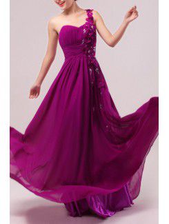 Chiffon One Shoulder Floor Length Empire Prom Dress with Handmade Flowers