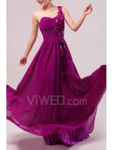 Chiffon One Shoulder Floor Length Empire Prom Dress with Handmade Flowers