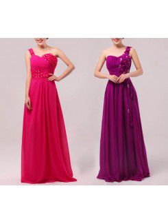 Chiffon One Shoulder Floor Length Empire Prom Dress with Handmade Flowers