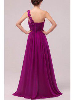 Chiffon One Shoulder Floor Length Empire Prom Dress with Handmade Flowers