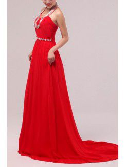 Chiffon Halter Chapel Train A-line Prom Dress with Beading