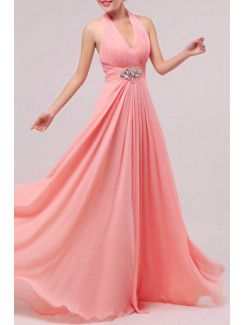 Chiffon Halter Floor Length Empire Prom Dress with Crystal