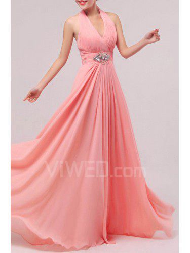 Chiffon Halter Floor Length Empire Prom Dress with Crystal