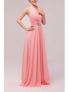 Chiffon Halter Floor Length Empire Prom Dress with Crystal