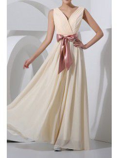 Chiffon v-hals vloer lengte korset prom jurk met sjerp