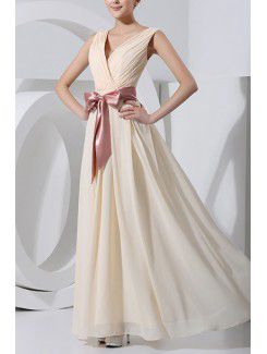 Chiffon V-neck Floor Length Corset Prom Dress with Sash