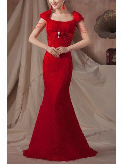 Lace Square Sweep Train Mermaid Prom Dress with Beading