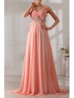 Chiffon V-neck Chapel Train A-line Prom Dress with Handmade Flowers