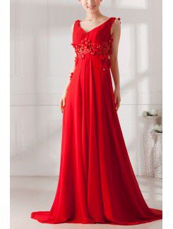 Chiffon V-neck Chapel Train A-line Prom Dress with Handmade Flowers