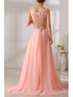 Chiffon V-neck Chapel Train A-line Prom Dress with Handmade Flowers