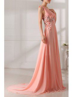 Chiffon V-neck Chapel Train A-line Prom Dress with Handmade Flowers