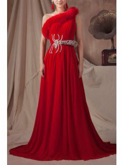 Chiffon One Shoulder Chapel Train A-line Prom Dress with Crystal