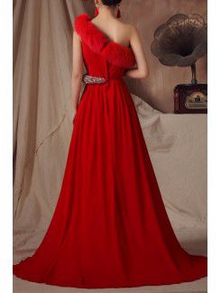 Chiffon One Shoulder Chapel Train A-line Prom Dress with Crystal