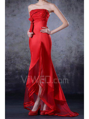 Satin Strapless Sweep Train Mermaid Prom Dress with Embroidered