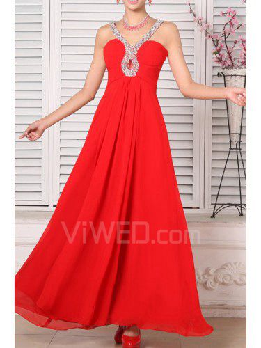 Chiffon V-neck Floor Length A-line Prom Dress with Sequins