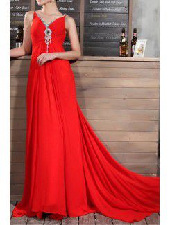 Chiffon V-neck Chapel Train Sheath Prom Dress with Crystal