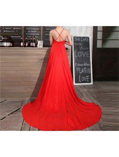 Chiffon V-neck Chapel Train Sheath Prom Dress with Crystal