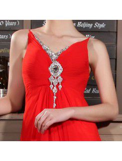 Chiffon V-neck Chapel Train Sheath Prom Dress with Crystal