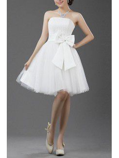 Lace and Satin Strapless Short Ball Gown Cocktail Dress with Bow