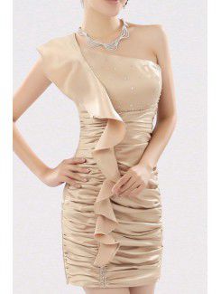 Satin One Shoulder Short Sheath Cocktail Dress with Beading