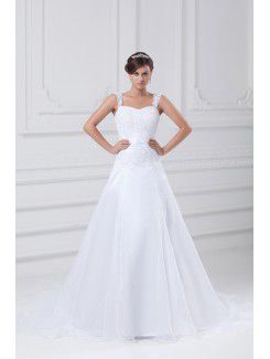 Organza Straps Sweep Train A-line Embroidered Wedding Dress